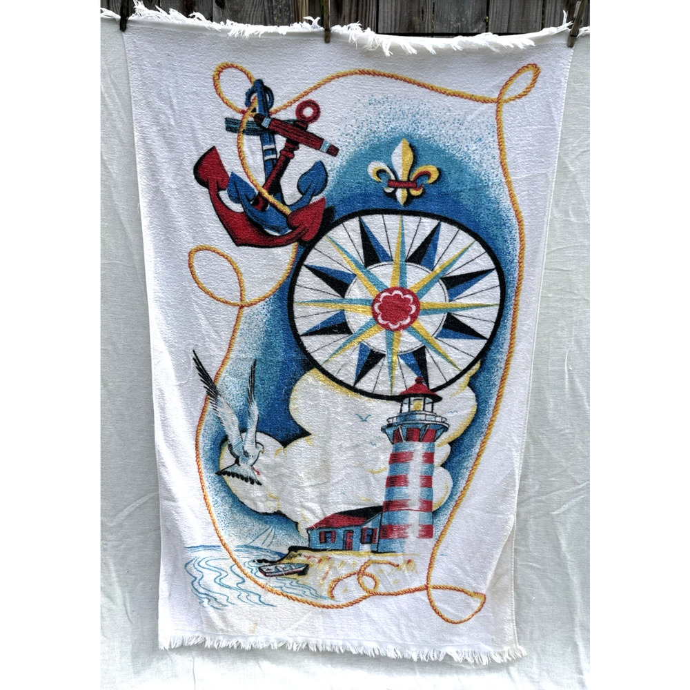 Cannon Light House Beach Towel Anchors Compass Boats All Cotton Terry 53x34 VTG